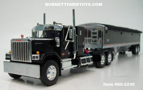 Item #60-2236 Black GMC General 34-foot Flattop Sleeper with Black Sided Black Tarp Silver Frame Tandem Axle Wilson 43-foot Pacesetter Hopper Bottom Grain Trailer - 1/64 Scale – DCP by First Gear