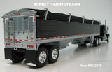 Item #60-2236 Black GMC General 34-foot Flattop Sleeper with Black Sided Black Tarp Silver Frame Tandem Axle Wilson 43-foot Pacesetter Hopper Bottom Grain Trailer - 1/64 Scale – DCP by First Gear