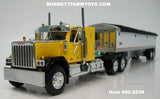 Item #60-2238 Yellow Black Fender GMC General 34-foot Flattop Sleeper with White Sided Black Tarp Silver Frame Tandem Axle Wilson Pacesetter 43-foot Hopper Bottom Grain Trailer - 1/64 Scale – DCP by First Gear