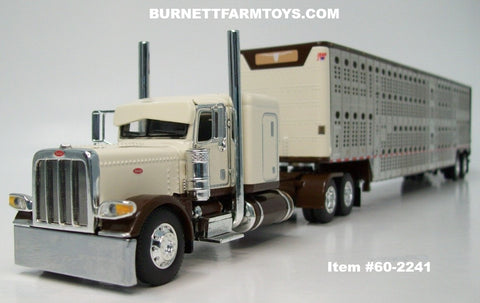 Item #60-2241 Cream Brown Peterbilt 389 48-inch Flattop Sleeper with Silver Sided Brown Trim Tandem Axle Wilson Silver Star Livestock Trailer - 1/64 Scale – DCP by First Gear