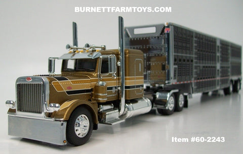 Item #60-2243 Gold Black White Outline Peterbilt 389 48-inch Flattop Sleeper with Black Sided Silver Trim Spread Axle Wilson Silver Star Livestock Trailer - 1/64 Scale – DCP by First Gear