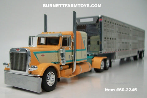 Item #60-2245 Peach Teal Cream Peterbilt 389 48-inch Flattop Sleeper with Silver Spread Axle Wilson Silver Star Livestock Trailer - 1/64 Scale – DCP by First Gear