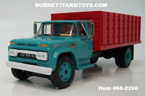 Item #60-2260 Turquoise 1963 GMC 4000 Single Axle Grain Truck with Red Bed - Bed Tilts with Hoist - 1/64 Scale – DCP by First Gear