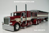 Item #60-2275 Burgundy Cream Gold Stripe Black Outline Peterbilt 389 48-inch Flattop Sleeper with matching Tandem Axle High Sided Wilson Pacesetter Hopper Bottom Grain Trailer - 1/64 Scale – DCP by First Gear