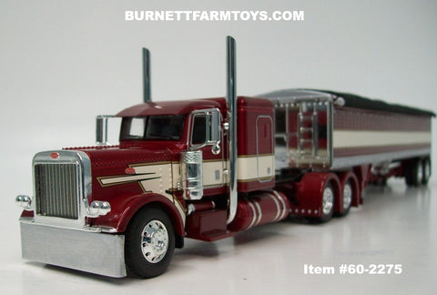 Item #60-2275 Burgundy Cream Gold Stripe Black Outline Peterbilt 389 48-inch Flattop Sleeper with matching Tandem Axle High Sided Wilson Pacesetter Hopper Bottom Grain Trailer - 1/64 Scale – DCP by First Gear