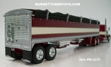 Item #60-2275 Burgundy Cream Gold Stripe Black Outline Peterbilt 389 48-inch Flattop Sleeper with matching Tandem Axle High Sided Wilson Pacesetter Hopper Bottom Grain Trailer - 1/64 Scale – DCP by First Gear