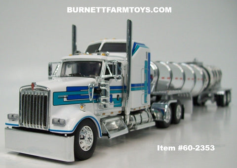 Item #60-2353 White Blue Aqua Kenworth W900L 60-inch Aerodyne Sleeper with Chrome Black Bands Tandem Axle Polar Deep Drop Tanker Trailer - 1/64 Scale – DCP by First Gear