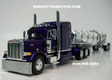 Item #60-2354 Purple Metallic Black Stripe Peterbilt 379 63-inch Mid Roof Sleeper with Chrome Black Bands Tandem Axle Polar Deep Drop Tanker Trailer - 1/64 Scale – DCP by First Gear