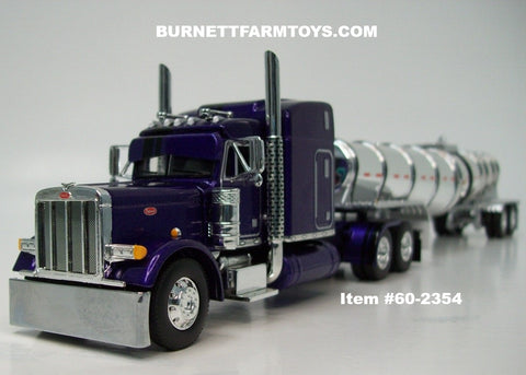 Item #60-2354 Purple Metallic Black Stripe Peterbilt 379 63-inch Mid Roof Sleeper with Chrome Black Bands Tandem Axle Polar Deep Drop Tanker Trailer - 1/64 Scale – DCP by First Gear