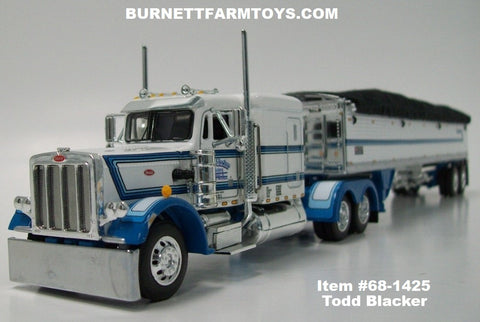 Item #68-1425 Todd Blacker White Blue Black Outline Peterbilt 359 63-inch Flattop Sleeper with Tandem Axle Wilson Pacesetter Hopper Bottom Grain Trailer - 1/64 Scale – DCP by First Gear