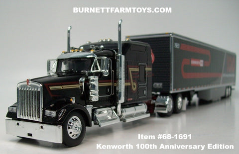 Item #68-1691 Kenworth 100th Anniversary Black Burgundy Gold Stripe Kenworth W900L 86-inch Studio Sleeper with Tandem Axle Utility 53-foot Dry Goods Van Trailer with Skirts - 1/64 Scale – DCP by First Gear