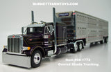 Item #68-1773 Conrad Shada Trucking Purple Black Stripe Gold Outline Peterbilt 379 63-inch Flattop Sleeper with Silver Purple Frame Spread Axle Wilson Silver Star Livestock Trailer - 1/64 Scale – DCP by First Gear