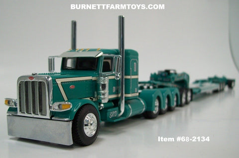 Item #68-2134 Teal Cream Black Outline Tri-Axle Peterbilt 389 36-inch Flattop Sleeper with Teal Tri-Axle Heavy Haul Fontaine Magnitude Lowboy Trailer with Jeep and Stinger - 1/64 Scale – DCP by First Gear