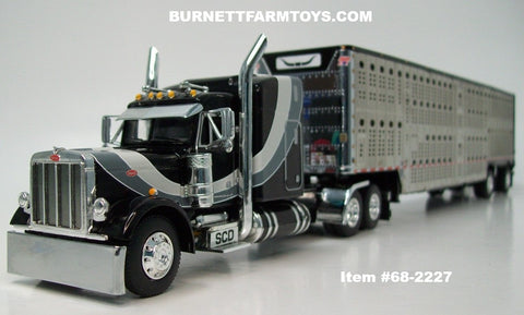 Item #68-2227 Black Light Gray Dark Gray Swoop Stripe Peterbilt 379 63-inch Mid Roof Sleeper with Silver Black Trim Spread Axle Wilson Silver Star Livestock Trailer - 1/64 Scale – DCP by First Gear