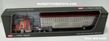 Item #68-2228 Coffey Farms Orange Burgundy Dark Gray Swoop Stripe Peterbilt 379 63-inch Mid Roof Sleeper with Silver Burgundy Trim Spread Axle Wilson Silver Star Livestock Trailer - 1/64 Scale – DCP by First Gear