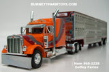 Item #68-2228 Coffey Farms Orange Burgundy Dark Gray Swoop Stripe Peterbilt 379 63-inch Mid Roof Sleeper with Silver Burgundy Trim Spread Axle Wilson Silver Star Livestock Trailer - 1/64 Scale – DCP by First Gear