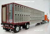 Item #68-2228 Coffey Farms Orange Burgundy Dark Gray Swoop Stripe Peterbilt 379 63-inch Mid Roof Sleeper with Silver Burgundy Trim Spread Axle Wilson Silver Star Livestock Trailer - 1/64 Scale – DCP by First Gear