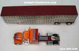Item #68-2228 Coffey Farms Orange Burgundy Dark Gray Swoop Stripe Peterbilt 379 63-inch Mid Roof Sleeper with Silver Burgundy Trim Spread Axle Wilson Silver Star Livestock Trailer - 1/64 Scale – DCP by First Gear