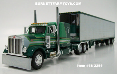 Item #68-2255 Nelson Green White Stripe Gold Outline Peterbilt 379 63-inch Flattop Sleeper with Chrome Sided Green Trim Spread Axle Utility 53-foot Carrier Refrigerated Trailer - 1/64 Scale – DCP by First Gear