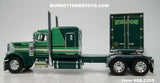 Item #68-2255 Nelson Green White Stripe Gold Outline Peterbilt 379 63-inch Flattop Sleeper with Chrome Sided Green Trim Spread Axle Utility 53-foot Carrier Refrigerated Trailer - 1/64 Scale – DCP by First Gear