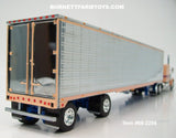 Item #68-2256 Peach Blue Peterbilt 379 63-inch Flattop Sleeper with Chrome Sided Peach Trim Blue Frame Spread Axle Utility 53-foot Carrier Refrigerated Trailer - 1/64 Scale – DCP by First Gear