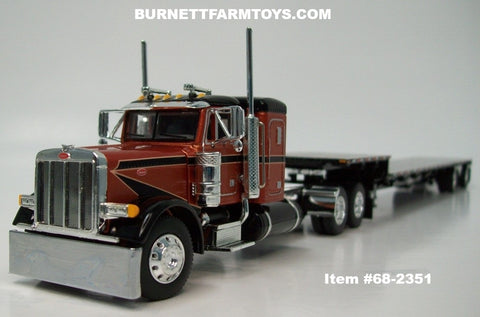 Item #68-2351 Burnt Orange Metallic Black Peterbilt 379 36-inch Flattop Sleeper with Silver Deck Black Frame Spread Axle Transcraft Eagle Stepdeck Trailer - 1/64 Scale – DCP by First Gear
