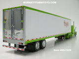 Item #69-1329 Hallahan Transport Lime Green Orange Peterbilt 389 63-inch Flattop Sleeper with White Sided Lime Green Trim Tandem Axle Utility 53-foot Dry Goods Van Trailer - 1/64 Scale - DCP by First Gear - Big Rigs #9
