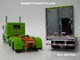 Item #69-1329 Hallahan Transport Lime Green Orange Peterbilt 389 63-inch Flattop Sleeper with White Sided Lime Green Trim Tandem Axle Utility 53-foot Dry Goods Van Trailer - 1/64 Scale - DCP by First Gear - Big Rigs #9