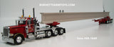 Item #69-1649 LeFebvre Transportation Red Black Stripe Gold Outline Tri-Axle Peterbilt 389 Day Cab with Elk River 4-axle Hydra-Steer Trailer and 90-foot Bridge Beam - 1/64 Scale - DCP by First Gear - 2023 Toy Truck and Construction Show Edition