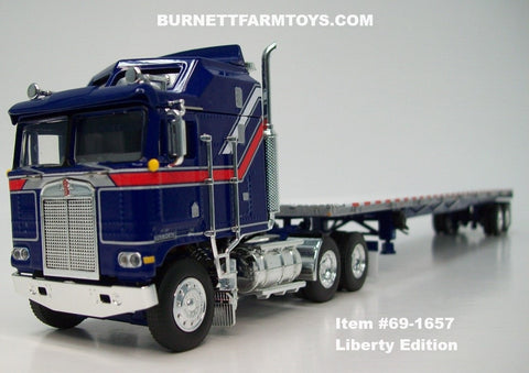 Item #69-1657 Liberty Edition Blue Red and Silver Stripe Kenworth K100 COE Aerodyne Sleeper with White Deck Blue Frame Tandem Axle Wilson Roadbrute Flatbed Trailer - 1/64 Scale - DCP by First Gear