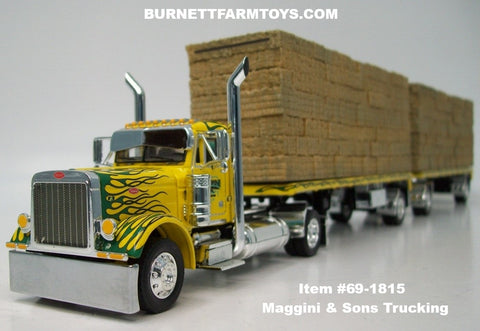 Item #69-1815 Maggini and Sons Trucking Yellow Green Flame Peterbilt 379 Single Axle Day Cab with Utility 28.5-foot Flatbed Trailers with Hay Load - 1/64 Scale – DCP by First Gear - 2024 National Toy Truck 'N Construction Show Edition