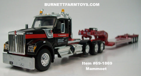 Item #69-1869 Mammoet Black Red White Tri-Axle Kenworth W990 Day Cab with Red Tri-Axle Fontaine Magnitude Lowboy Trailer with Flip Axle - 1/64 Scale – DCP by First Gear