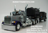 Item #69-2065 Larson Farms Silver Purple Tri-Axle Peterbilt 379 Day Cab with Black Tandem Axle DEMCO 42-foot Liquid Tender Trailer with Deluxe Plumbing Package - 2025 National Toy Truck 'N Construction Show Edition - 1/64 Scale – DCP by First Gear