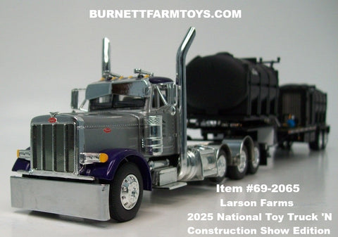 Item #69-2065 Larson Farms Silver Purple Tri-Axle Peterbilt 379 Day Cab with Black Tandem Axle DEMCO 42-foot Liquid Tender Trailer with Deluxe Plumbing Package - 2025 National Toy Truck 'N Construction Show Edition - 1/64 Scale – DCP by First Gear