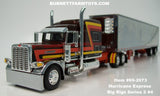 Item #69-2073 Hurricane Express Brown Dark Orange Yellow Red Black Gold Outline Peterbilt 389 Pride-N-Class 70-inch Mid Roof Sleeper with Chrome Dark Orange Frame Thermo King Refrigerated Trailer - Big Rigs Series 2 #4 - 1/64 Scale – DCP by First Gear