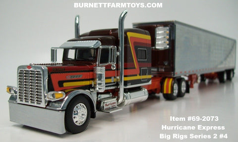 Item #69-2073 Hurricane Express Brown Dark Orange Yellow Red Black Gold Outline Peterbilt 389 Pride-N-Class 70-inch Mid Roof Sleeper with Chrome Dark Orange Frame Thermo King Refrigerated Trailer - Big Rigs Series 2 #4 - 1/64 Scale – DCP by First Gear