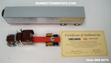 Item #69-2073 Hurricane Express Brown Dark Orange Yellow Red Black Gold Outline Peterbilt 389 Pride-N-Class 70-inch Mid Roof Sleeper with Chrome Dark Orange Frame Thermo King Refrigerated Trailer - Big Rigs Series 2 #4 - 1/64 Scale – DCP by First Gear
