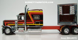 Item #69-2073 Hurricane Express Brown Dark Orange Yellow Red Black Gold Outline Peterbilt 389 Pride-N-Class 70-inch Mid Roof Sleeper with Chrome Dark Orange Frame Thermo King Refrigerated Trailer - Big Rigs Series 2 #4 - 1/64 Scale – DCP by First Gear