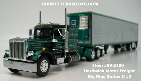 Item #69-2100 Hardwick Motor Freight Black Green Peterbilt 359 60-inch Vintage Flattop Sleeper with Chrome Green Trim Black Frame Spread Axle Utility 53-foot Thermo King Refrigerated Trailer - Big Rigs Series II #2 - 1/64 Scale – DCP by First Gear