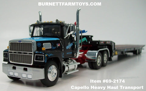 Item #69-2174 Capello Heavy Haul Transport Black Red Blue Ford LTL 9000 Day Cab with Black Tandem Axle Landoll 440B-50CA Traveling Slide Axle Flatbed Trailer - Legacy Series #3 - 1/64 Scale – DCP by First Gear