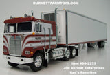 Item #69-2253 Jim Skrinar Enterprises Burgundy White Kenworth K100 COE Flattop Sleeper with White Burgundy Silver Trim Tandem Axle Utility 53-foot Thermo King Refrigerated Trailer - Red's Favorites - 1/64 Scale – DCP by First Gear