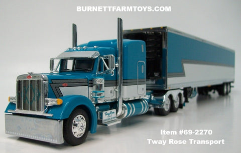 Item #69-2270 Tway Rose Transport Turquoise White Gray Stripe Black Outline Peterbilt 379 63-inch Mid Roof Sleeper with matching Tandem Axle Utility Thermo King Refrigerated Trailer - 1/64 Scale – DCP by First Gear - Big Rigs Series II #5