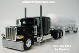 Item #69-2301 Ag Dynasty Black Peterbilt 389 63-inch Flattop Sleeper with White Tandem Axle Mississippi LP Anhydrous Ammonia Tanker Trailer - 1/64 Scale – DCP by First Gear
