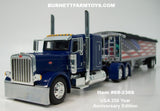 Item #69-2366 Blue Peterbilt 389 48-inch Flattop Sleeper with American Flag High Sided Black Tarp Silver Frame Tandem Axle Wilson Pacesetter 43-foot Hopper Bottom Grain Trailer - USA 250 Year Anniversary Edition - 1/64 Scale – DCP by First Gear