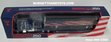 Item #69-2366 Blue Peterbilt 389 48-inch Flattop Sleeper with American Flag High Sided Black Tarp Silver Frame Tandem Axle Wilson Pacesetter 43-foot Hopper Bottom Grain Trailer - USA 250 Year Anniversary Edition - 1/64 Scale – DCP by First Gear