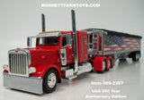 Item #69-2367 Red Peterbilt 389 48-inch Flattop Sleeper with American Flag High Sided Black Tarp Silver Frame Tandem Axle Wilson Pacesetter 43-foot Hopper Bottom Grain Trailer - USA 250 Year Anniversary Edition - 1/64 Scale – DCP by First Gear