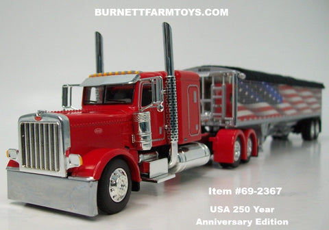 Item #69-2367 Red Peterbilt 389 48-inch Flattop Sleeper with American Flag High Sided Black Tarp Silver Frame Tandem Axle Wilson Pacesetter 43-foot Hopper Bottom Grain Trailer - USA 250 Year Anniversary Edition - 1/64 Scale – DCP by First Gear