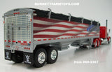 Item #69-2367 Red Peterbilt 389 48-inch Flattop Sleeper with American Flag High Sided Black Tarp Silver Frame Tandem Axle Wilson Pacesetter 43-foot Hopper Bottom Grain Trailer - USA 250 Year Anniversary Edition - 1/64 Scale – DCP by First Gear