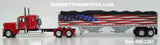 Item #69-2367 Red Peterbilt 389 48-inch Flattop Sleeper with American Flag High Sided Black Tarp Silver Frame Tandem Axle Wilson Pacesetter 43-foot Hopper Bottom Grain Trailer - USA 250 Year Anniversary Edition - 1/64 Scale – DCP by First Gear
