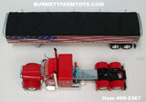 Item #69-2367 Red Peterbilt 389 48-inch Flattop Sleeper with American Flag High Sided Black Tarp Silver Frame Tandem Axle Wilson Pacesetter 43-foot Hopper Bottom Grain Trailer - USA 250 Year Anniversary Edition - 1/64 Scale – DCP by First Gear